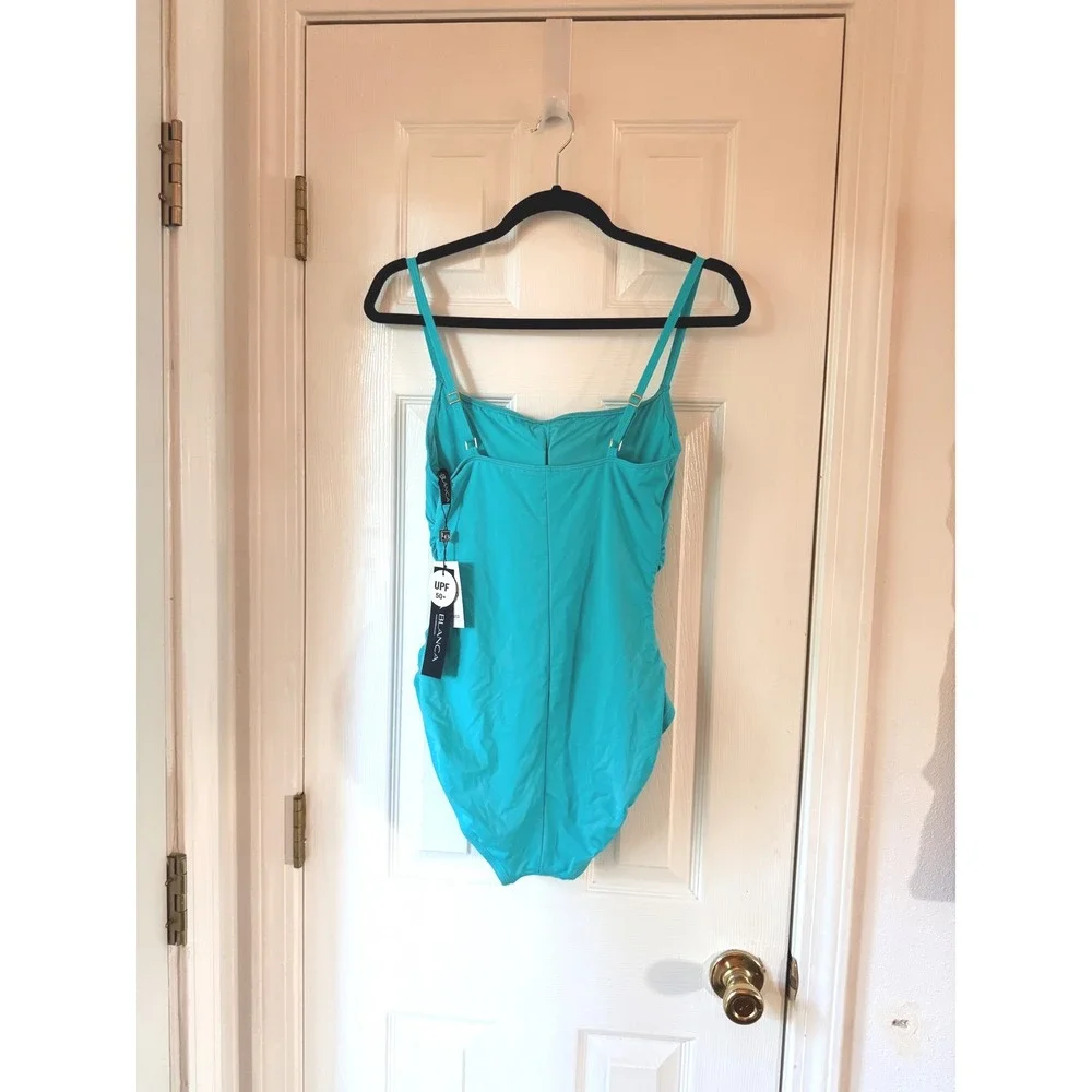 La Blanca Island Goddess One Piece Swimsuit Calypso Teal Ruched Size 10 NEW